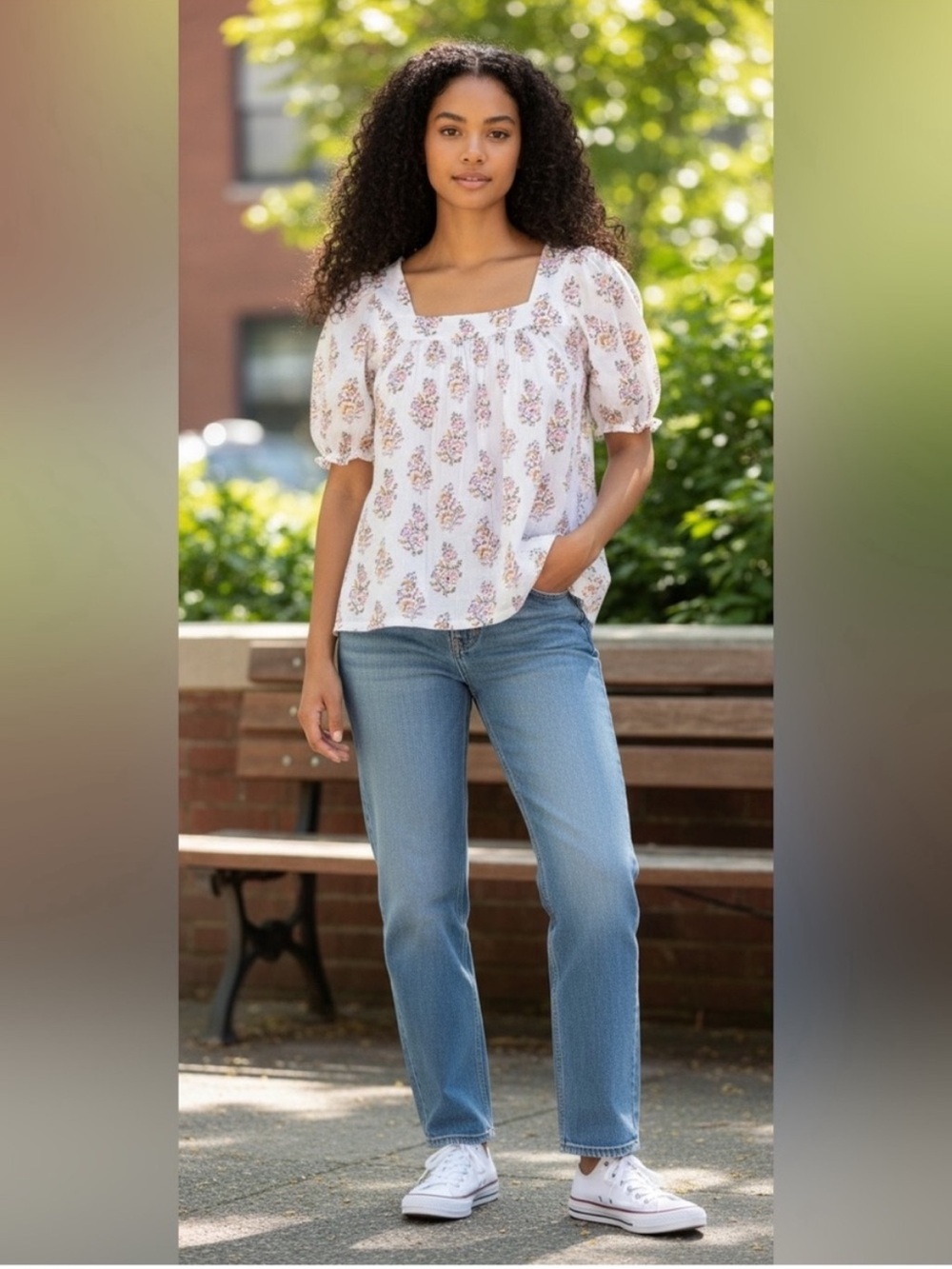 Lucky Brand 💮  Floral Square-Neck Puff Sleeve Blouse xl